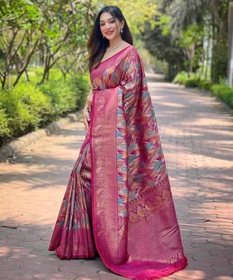 Rani pink art silk printed  with LEAF print 2