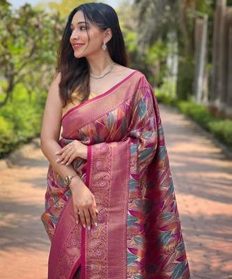 Rani pink art silk printed  with LEAF print 3