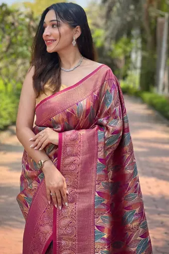 Rani pink art silk printed  with LEAF print