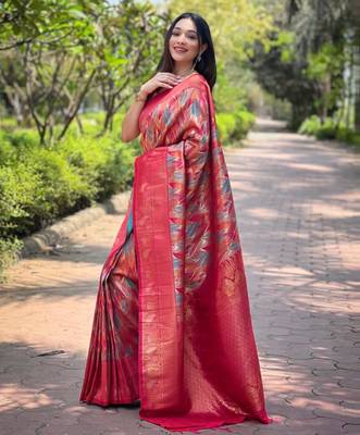 Red art silk printed  with LEAF print 2