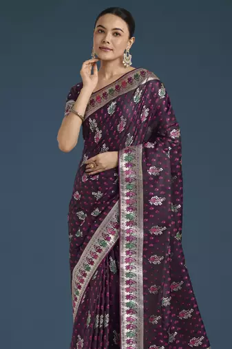 wine silk blend banarasi jacuard work saree with unstitched blouse piece