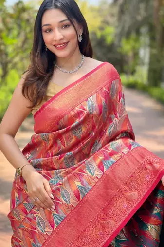 Red art silk printed  with LEAF print