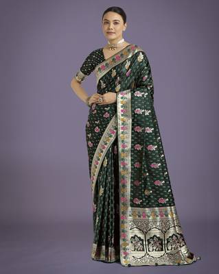 green silk blend banarasi jacuard work saree with unstitched blouse piece 1