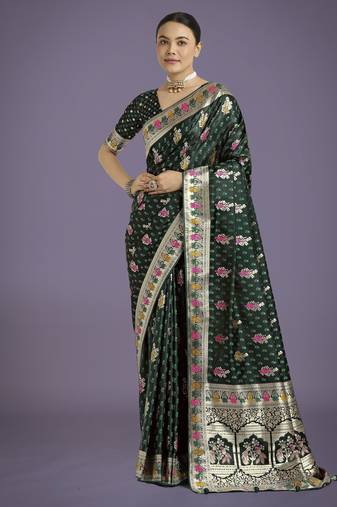 green silk blend banarasi jacuard work saree with unstitched blouse piece