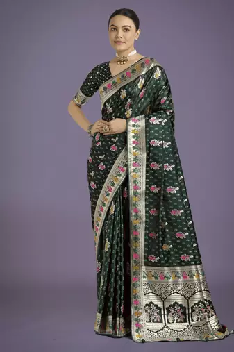 green silk blend banarasi jacuard work saree with unstitched blouse piece