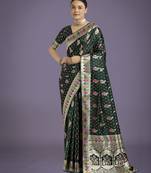 green silk blend banarasi jacuard work saree with unstitched blouse piece