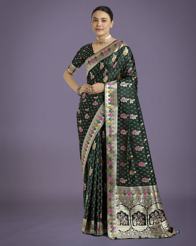 green silk blend banarasi jacuard work saree with unstitched blouse piece