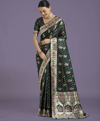 green silk blend banarasi jacuard work saree with unstitched blouse piece 2