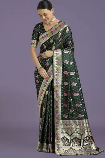 green silk blend banarasi jacuard work saree with unstitched blouse piece