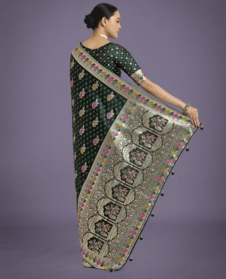green silk blend banarasi jacuard work saree with unstitched blouse piece 3