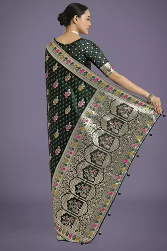 green silk blend banarasi jacuard work saree with unstitched blouse piece