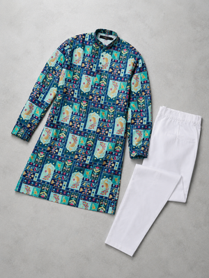 Blue color digital print with chikankari embroidery work rayon men's kurta payjama set 5