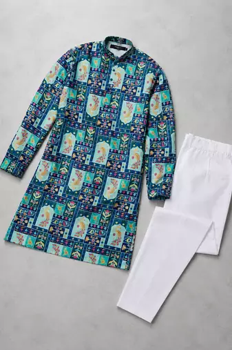 Blue color digital print with chikankari embroidery work rayon men's kurta payjama set