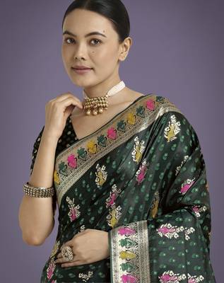 green silk blend banarasi jacuard work saree with unstitched blouse piece 4