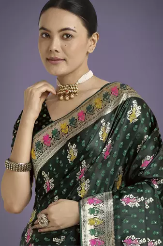 green silk blend banarasi jacuard work saree with unstitched blouse piece