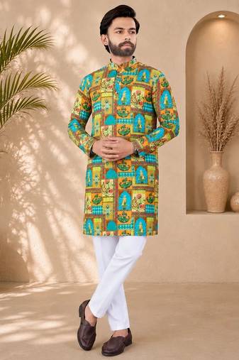 Multi color digital print with chikankari embroidery work rayon men's kurta payjama set