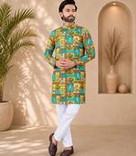 Multi color digital print with chikankari embroidery work rayon men's kurta payjama set