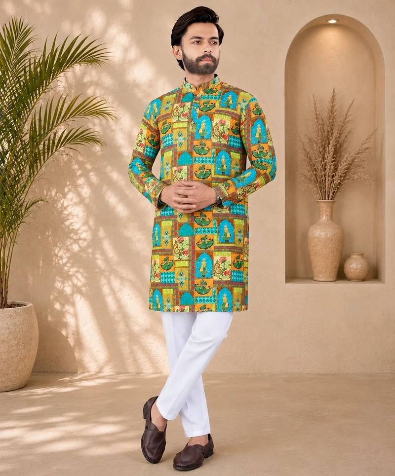 Multi color digital print with chikankari embroidery work rayon men's kurta payjama set