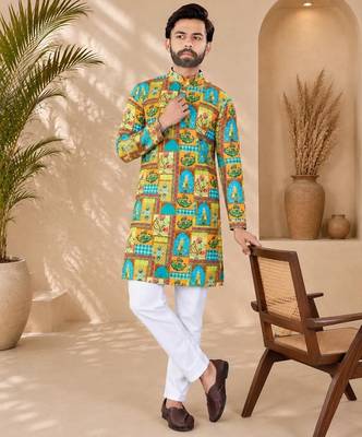 Multi color digital print with chikankari embroidery work rayon men's kurta payjama set 2