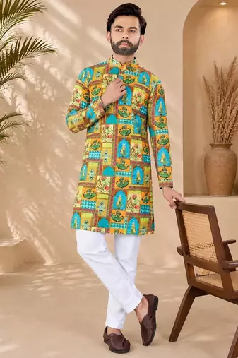 Multi color digital print with chikankari embroidery work rayon men's kurta payjama set