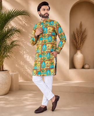 Multi color digital print with chikankari embroidery work rayon men's kurta payjama set 3