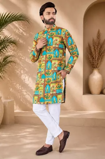 Multi color digital print with chikankari embroidery work rayon men's kurta payjama set
