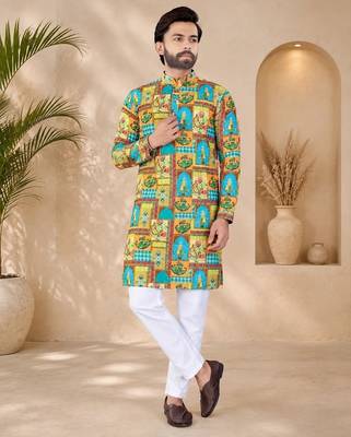 Multi color digital print with chikankari embroidery work rayon men's kurta payjama set 4