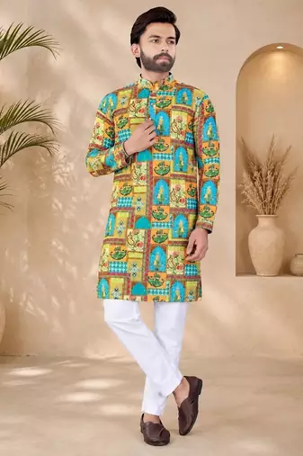 Multi color digital print with chikankari embroidery work rayon men's kurta payjama set