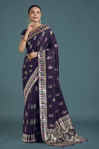 plum silk blend banarasi jacuard work saree with unstitched blouse piece