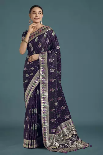 plum silk blend banarasi jacuard work saree with unstitched blouse piece