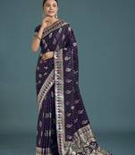 plum silk blend banarasi jacuard work saree with unstitched blouse piece