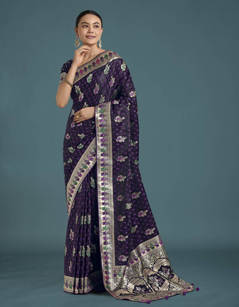 plum silk blend banarasi jacuard work saree with unstitched blouse piece