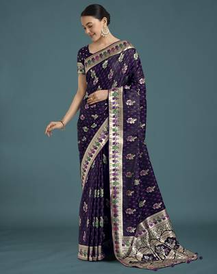 plum silk blend banarasi jacuard work saree with unstitched blouse piece 2