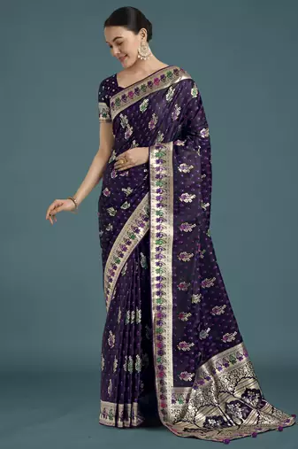 plum silk blend banarasi jacuard work saree with unstitched blouse piece