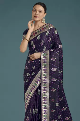 plum silk blend banarasi jacuard work saree with unstitched blouse piece