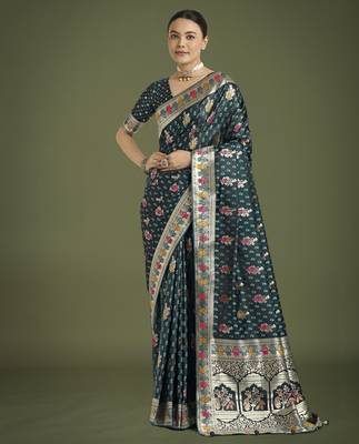 rama silk blend banarasi jacuard work saree with unstitched blouse piece 1