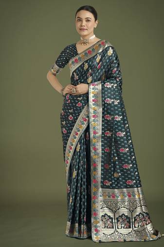 rama silk blend banarasi jacuard work saree with unstitched blouse piece