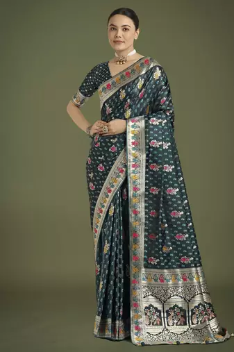 rama silk blend banarasi jacuard work saree with unstitched blouse piece