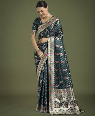 rama silk blend banarasi jacuard work saree with unstitched blouse piece 2