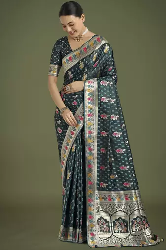rama silk blend banarasi jacuard work saree with unstitched blouse piece