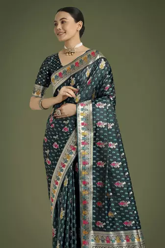 rama silk blend banarasi jacuard work saree with unstitched blouse piece