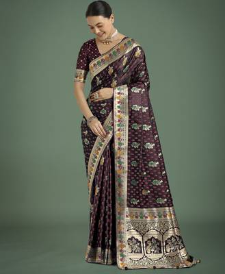 maroon silk blend banarasi jacuard work saree with unstitched blouse piece 1