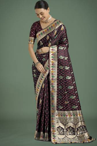 maroon silk blend banarasi jacuard work saree with unstitched blouse piece