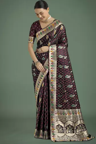 maroon silk blend banarasi jacuard work saree with unstitched blouse piece