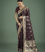 maroon silk blend banarasi jacuard work saree with unstitched blouse piece