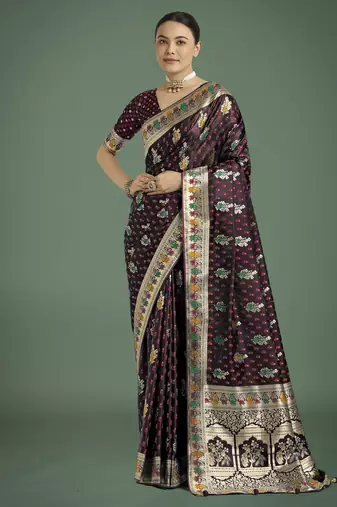 maroon silk blend banarasi jacuard work saree with unstitched blouse piece