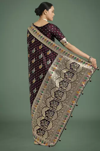 maroon silk blend banarasi jacuard work saree with unstitched blouse piece