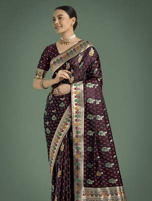 maroon silk blend banarasi jacuard work saree with unstitched blouse piece 4