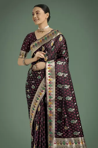 maroon silk blend banarasi jacuard work saree with unstitched blouse piece