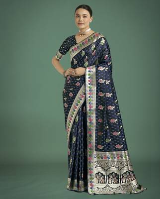 blue silk blend banarasi jacuard work saree with unstitched blouse piece 1